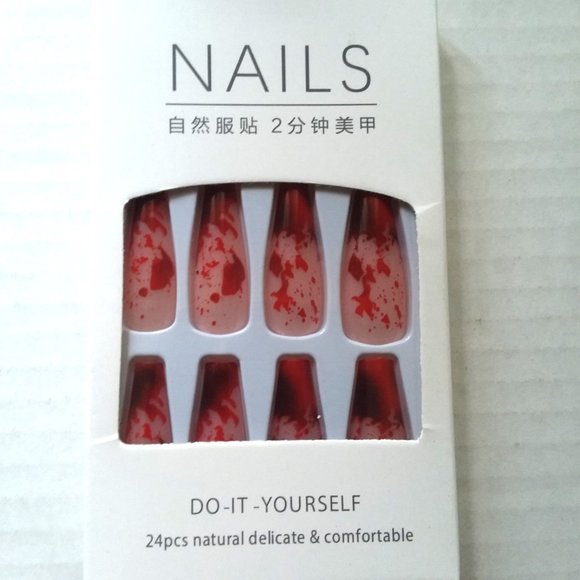 Nails Long Bloody Press On 24 Party Gore Scary Costume Goth Trendy Stylish - Picture 2 of 3